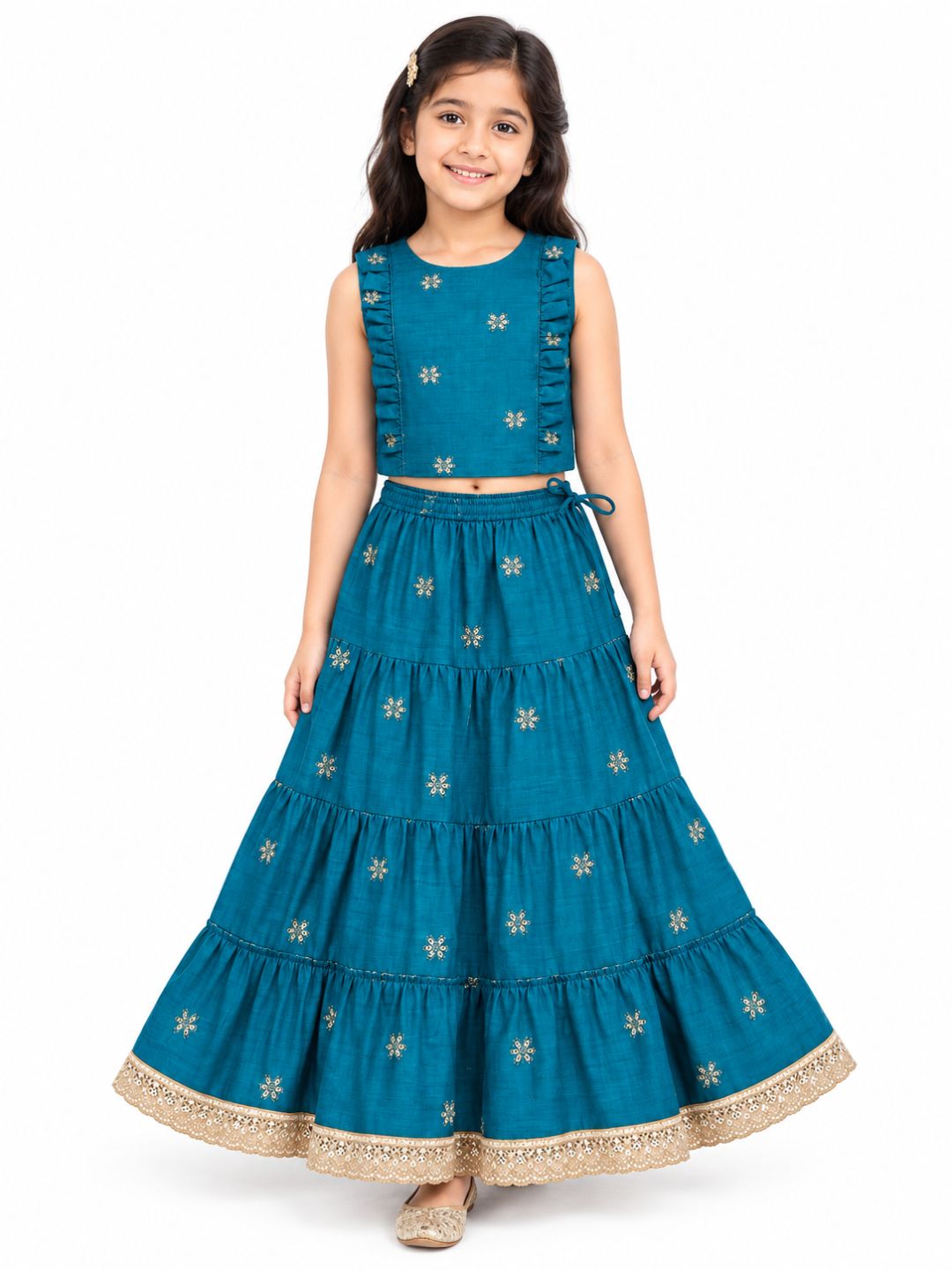Biglilpeople Girls Round Neck Cotton Silk Lehenga Choli Set