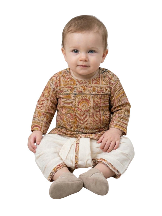 Biglilpeople Boys Beige Ethnic Printed Printed Cotton Angrakha Style Dhoti Set