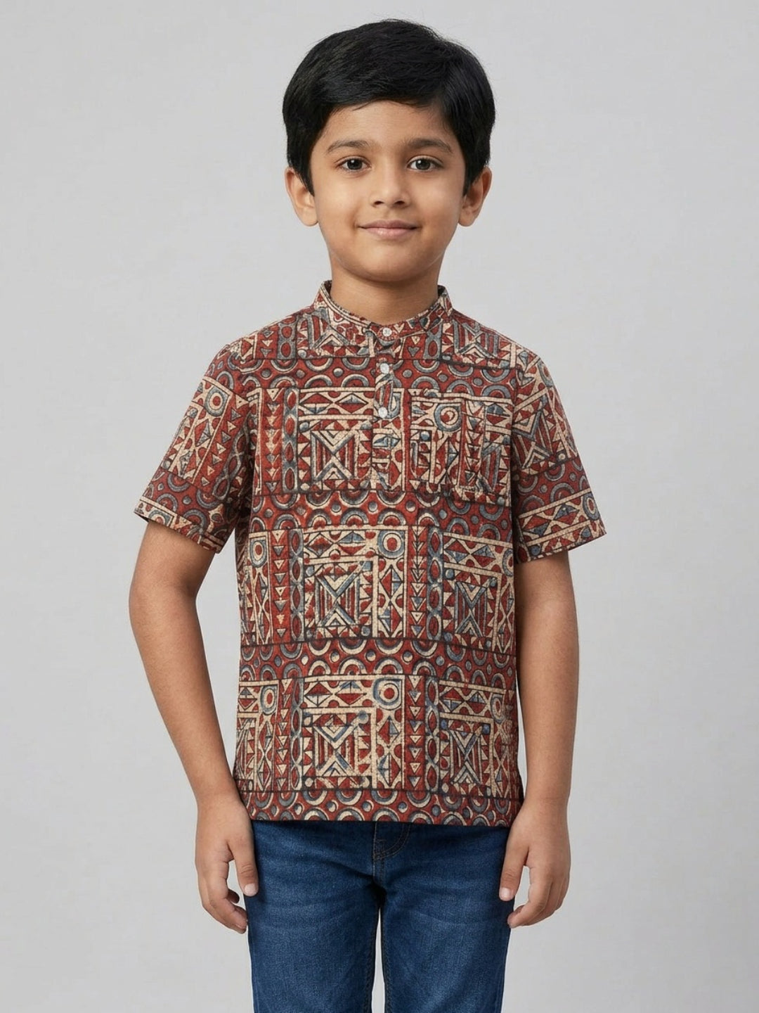 Biglilpeople Boys Ethnic Print Mandarin Collar Short Sleeves Shirt