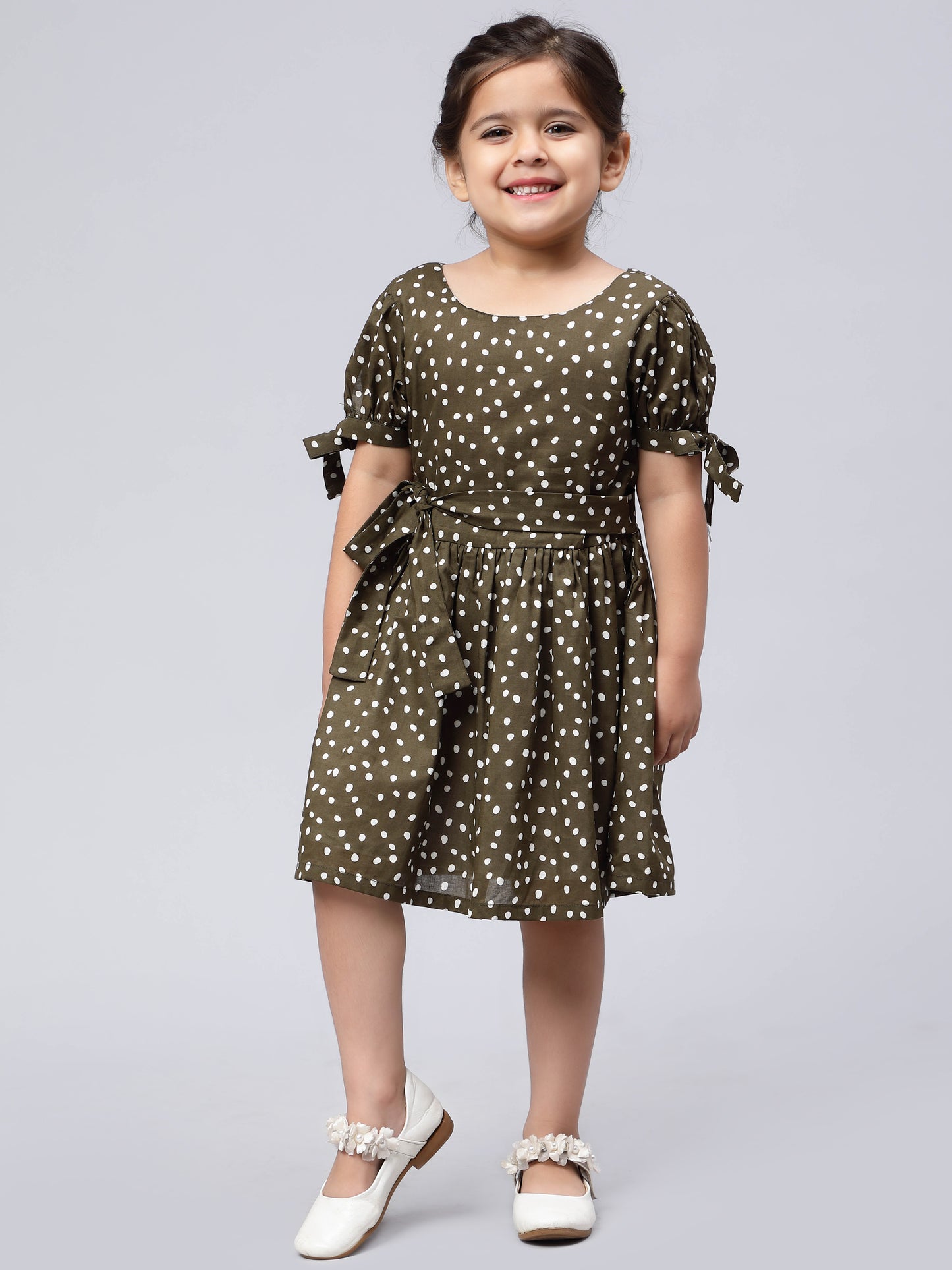 Olive Polka Dotted Dress for Girls