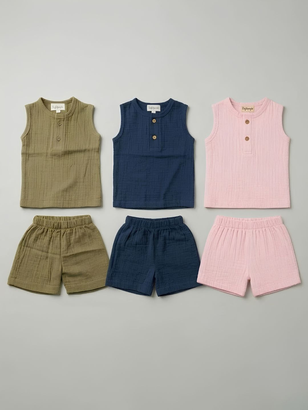Biglilpeople Infant Muslin Co-ord Set Shirt & Shorts Blue, Olive and Pink - Pack of 3