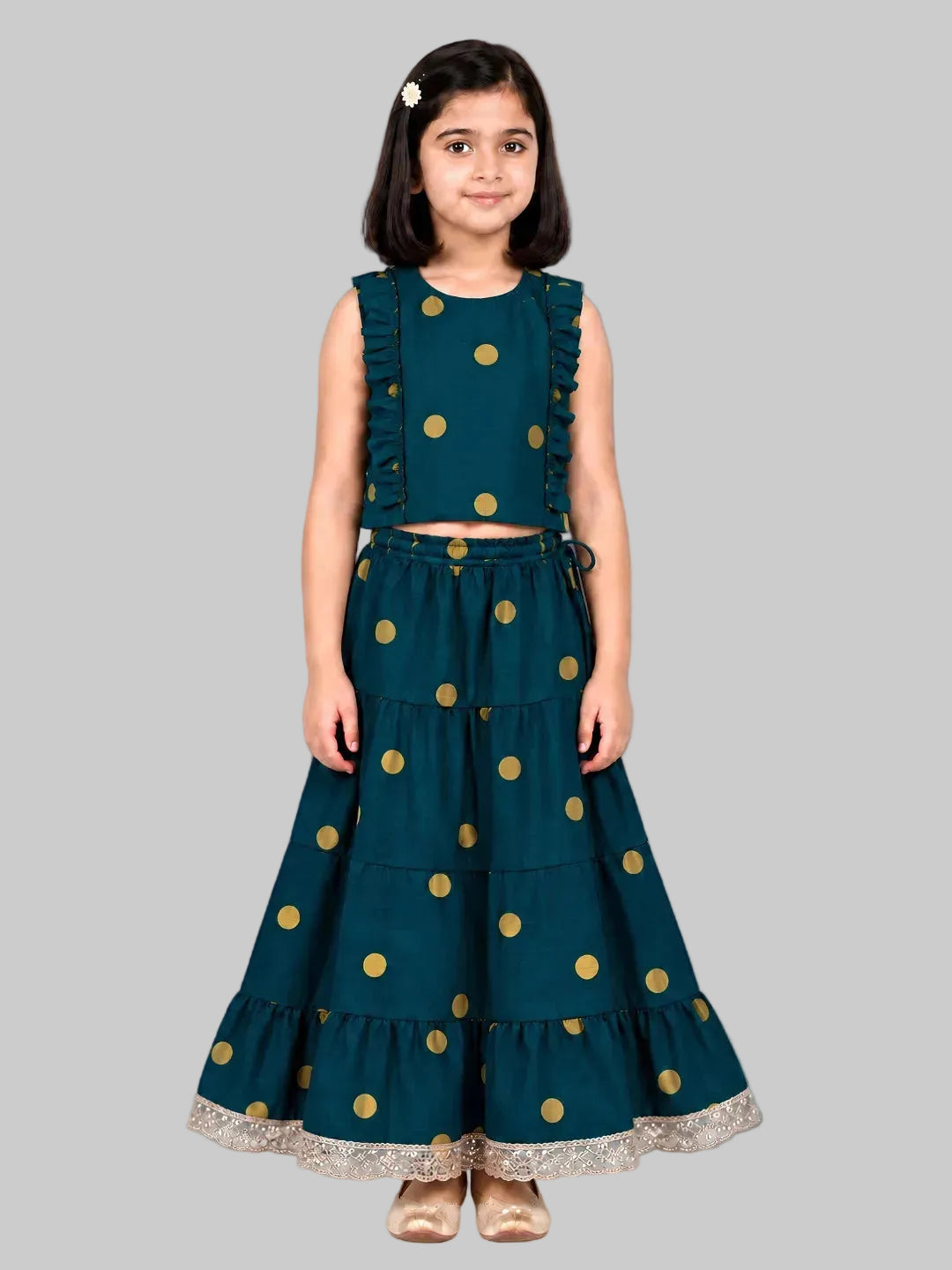 Biglilpeople Girls Round Neck Cotton Silk Sleeveless Lehenga Choli Set