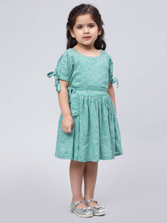 Green & White Printed Dress for Girls