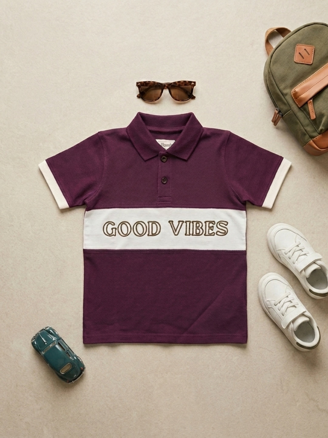Boys Pure Cotton Purple & Off White Color Pique Polo T Shirt with Good Vibes design Print