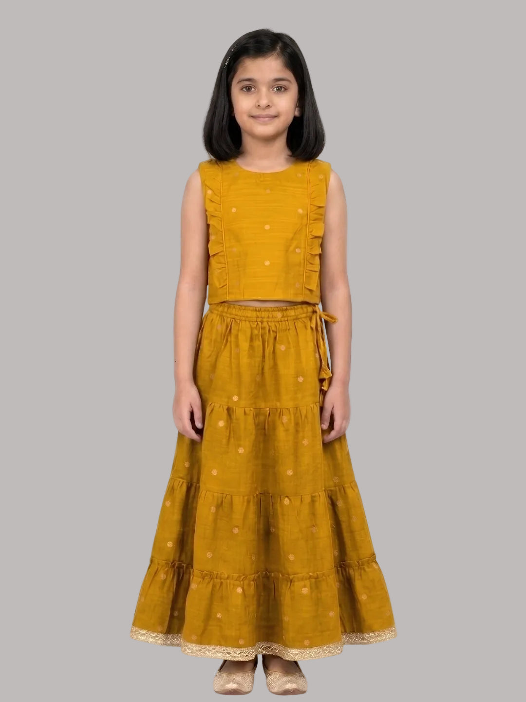 Biglilpeople Girls Round Neck Cotton Silk Sleeveless Lehenga Choli Set
