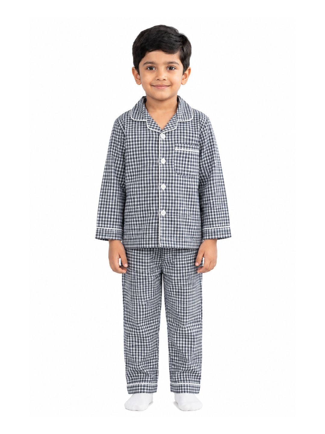 Biglilpeople Kids Unisex Black Checked Cotton Full Sleeve Shirt & Pajama Nightsuit