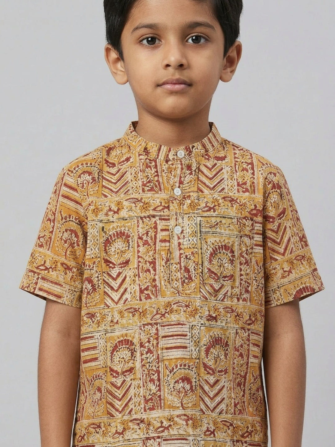 Biglilpeople Boys Ethnic Print Mandarin Collar Short Sleeves Shirt