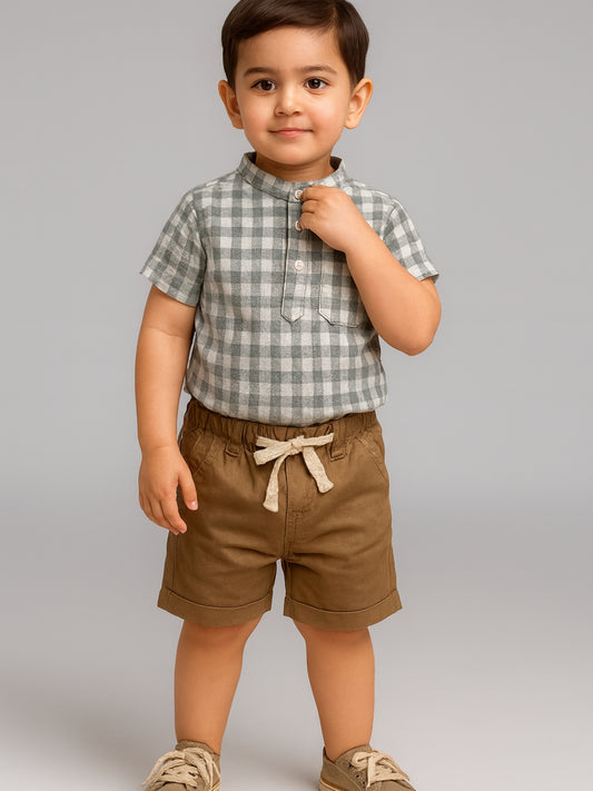 Infants Boys Mandarin Collar Checks Shirts and Shorts