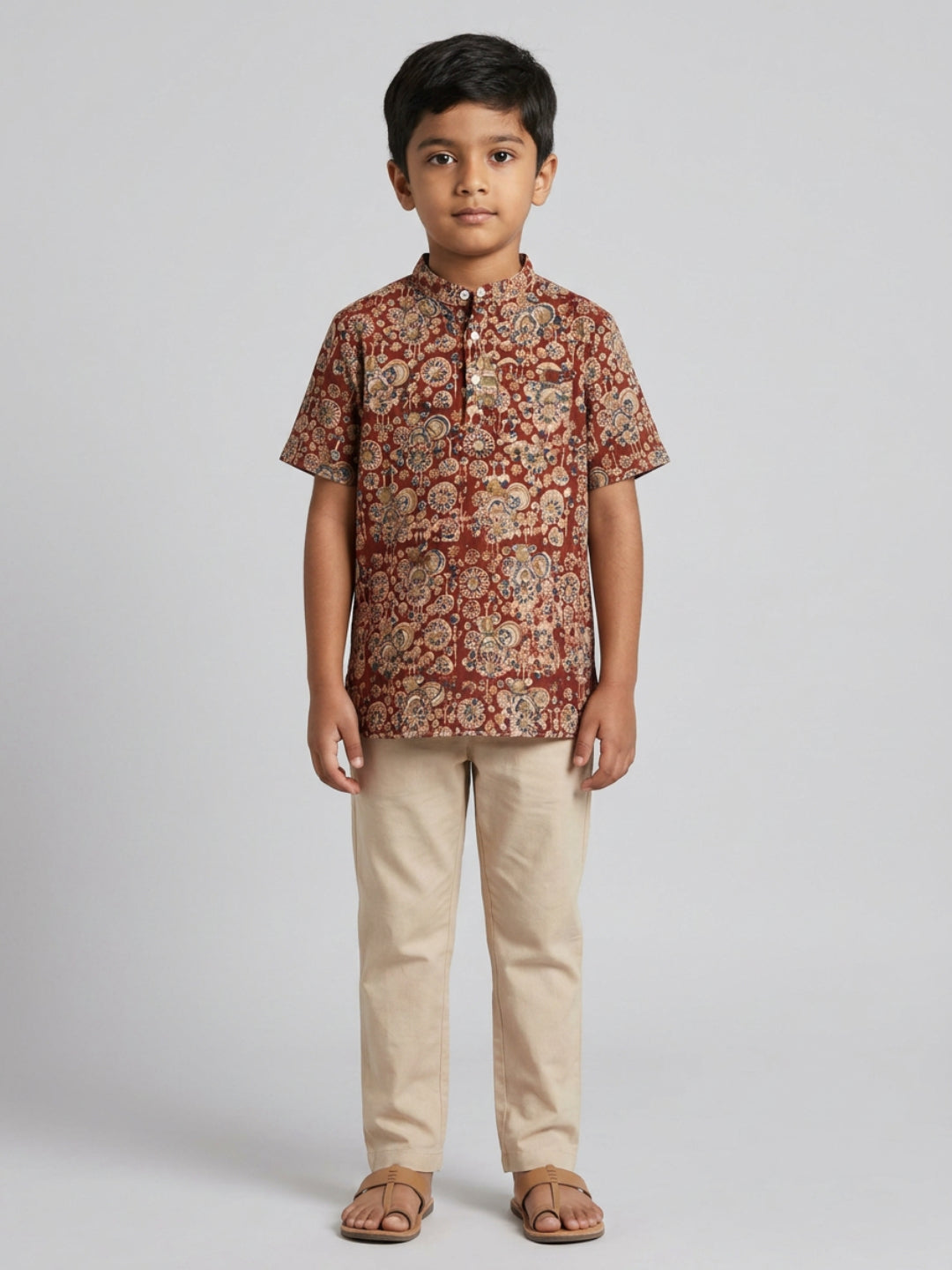 Biglilpeople Boys Ethnic Print Mandarin Collar Short Sleeves Shirt