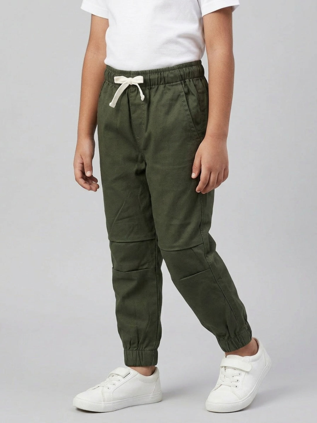 Boys Olive Color Cotton Woven Joggers