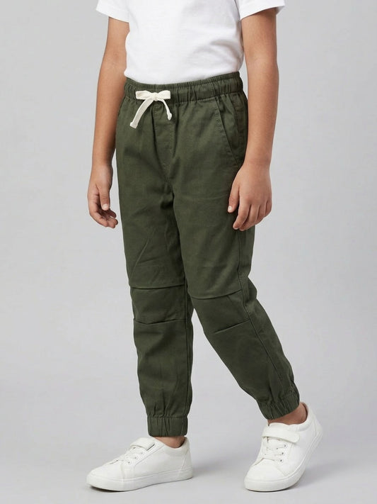 Boys Olive Color Cotton Woven Joggers