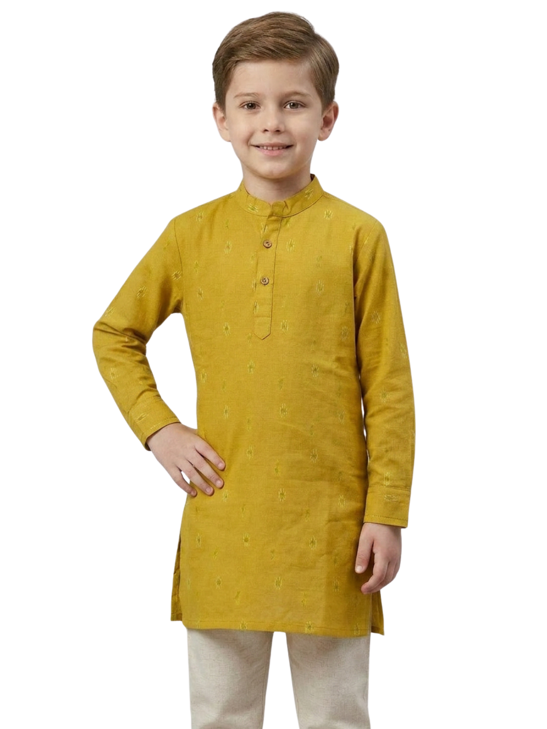 Biglilpeople Boys Mustard Yellow Cotton Kurta Set with Geometric Ikat Motif