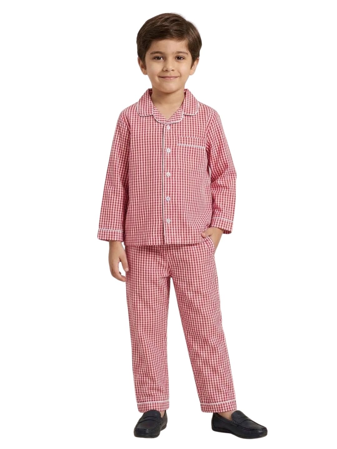 Biglilpeople Kids Unisex Red Checked Cotton Full Sleeve Shirt & Pajama Nightsuit