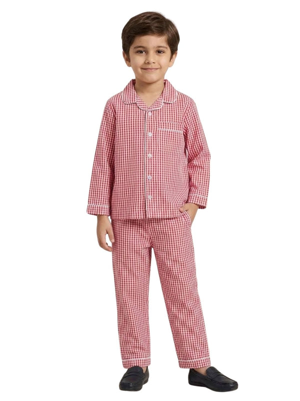 Biglilpeople Kids Unisex Red Checked Cotton Full Sleeve Shirt & Pajama Nightsuit