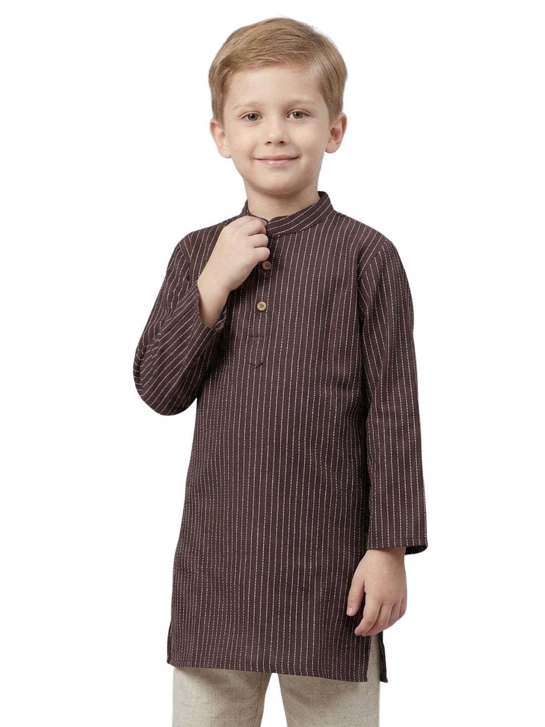 Biglilpeople Boys Brown Striped Cotton Kurta Set
