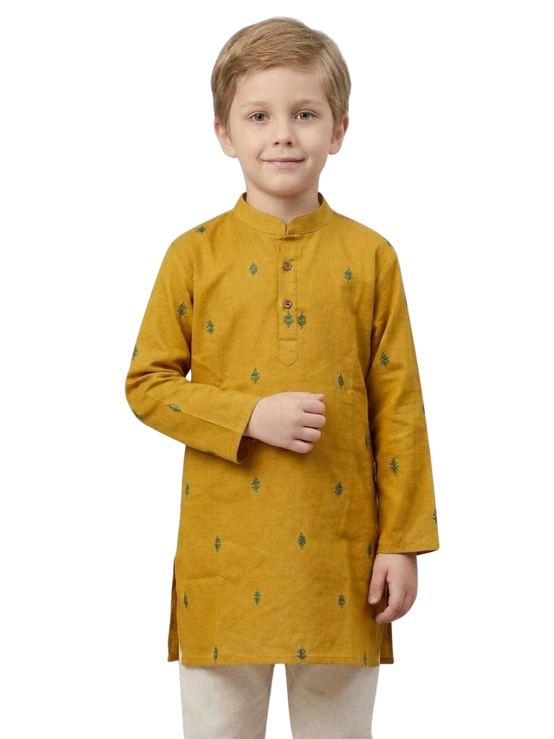 Biglilpeople Boys Mustard Yellow Cotton Kurta Set with Embroidered Detail