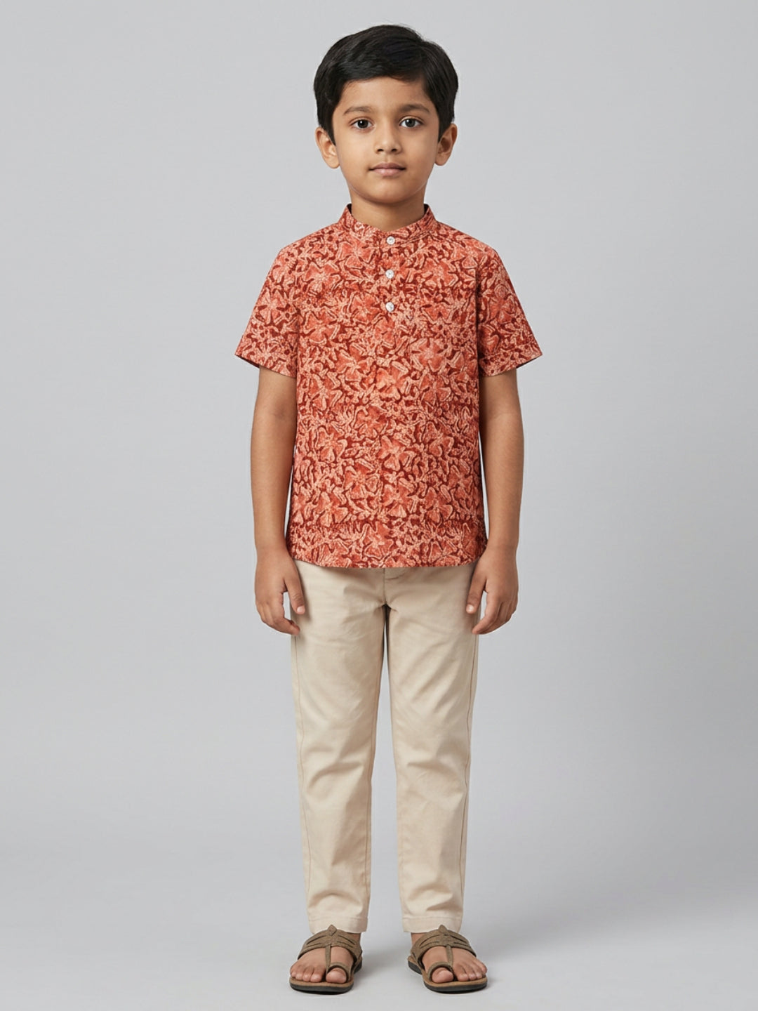 Biglilpeople Boys Ethnic Print Mandarin Collar Short Sleeves Shirt