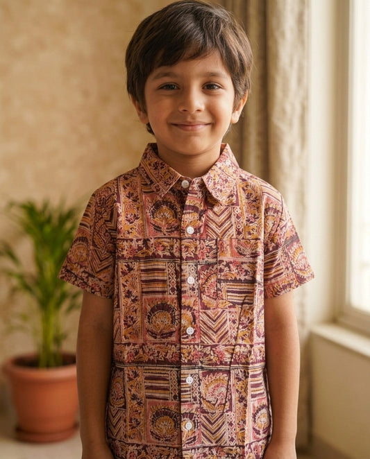 Biglilpeople Boys Ethnic Print Mandarin Collar Short Sleeves Shirt