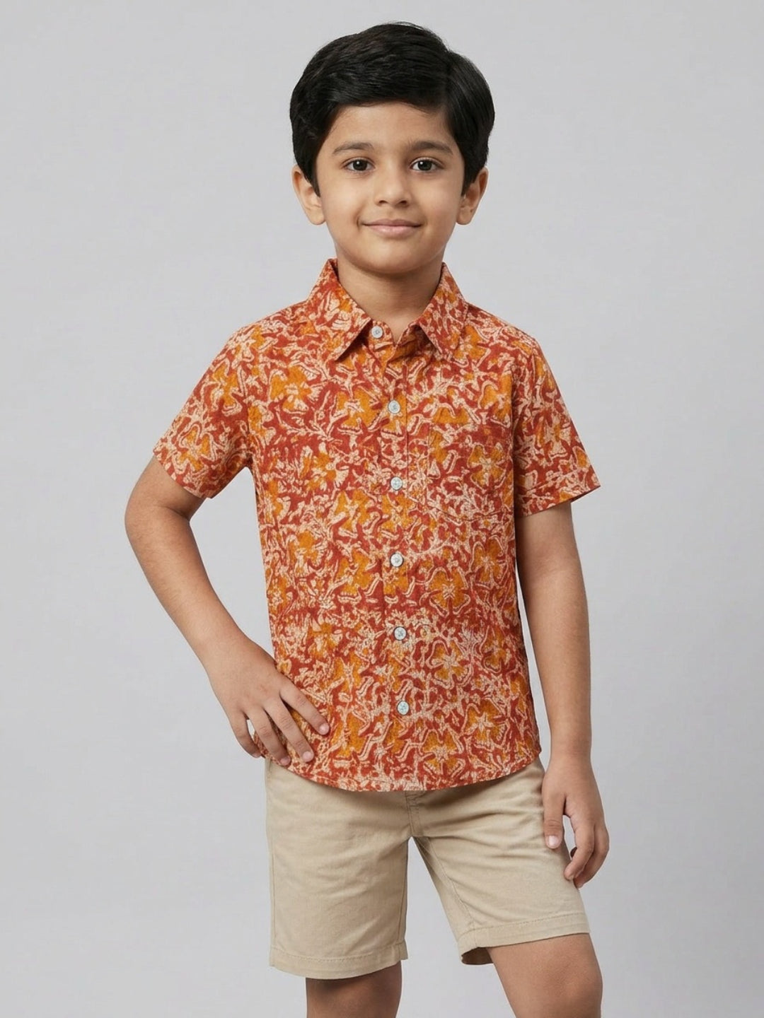 Biglilpeople Boys Ethnic Print Spread Collar Short Sleeves Shirt