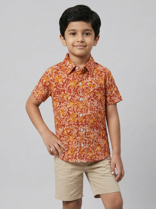 Biglilpeople Boys Ethnic Print Spread Collar Short Sleeves Shirt
