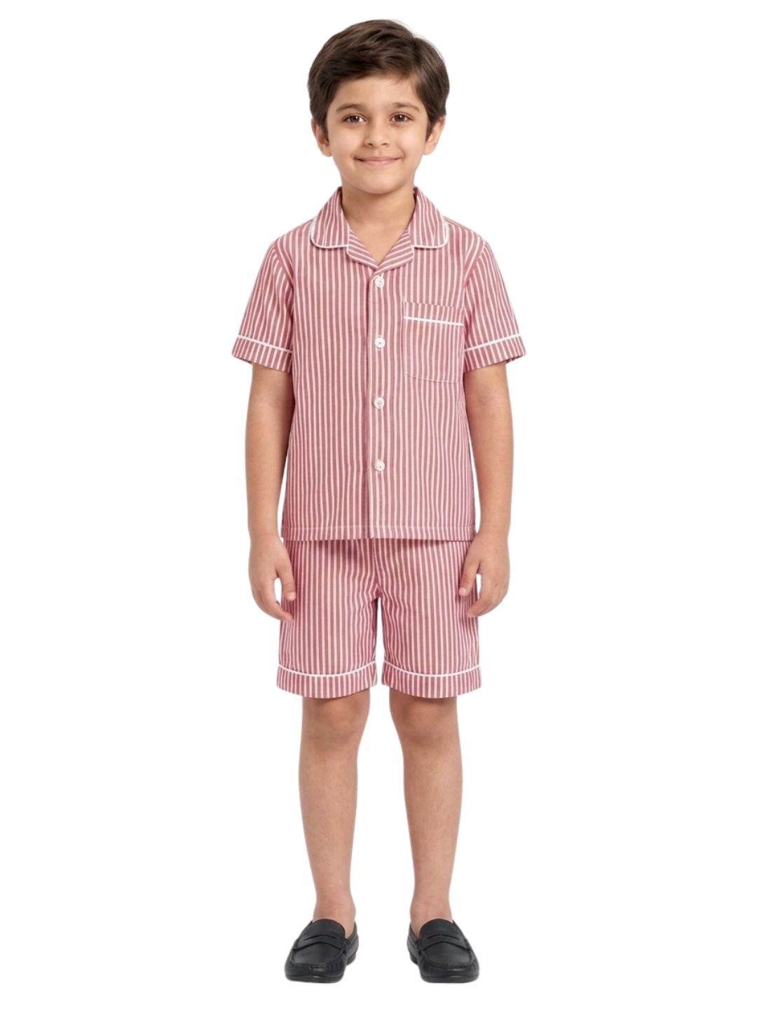 Biglilpeople Kids Unisex Micro-Red Stripe Cotton Short Sleeve Shirt & Shorts Nightsuit