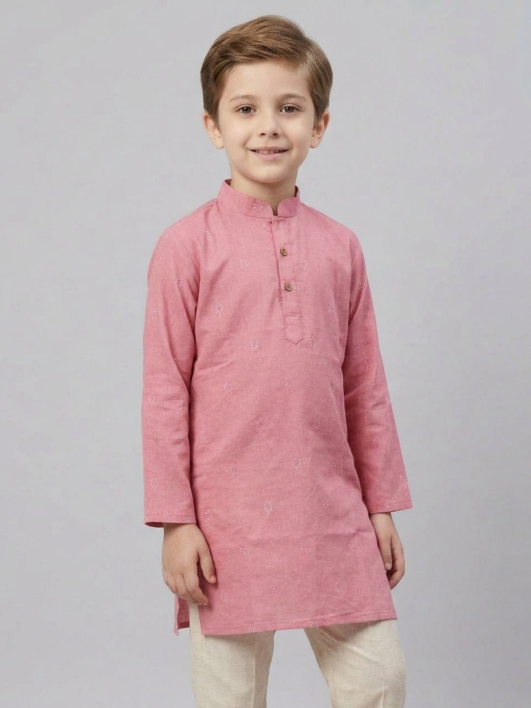 Biglilpeople Boys Pink Cotton Kurta Set with Buta Motif
