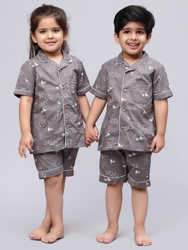 Notched Night Suits for Girls & Boys- Grey