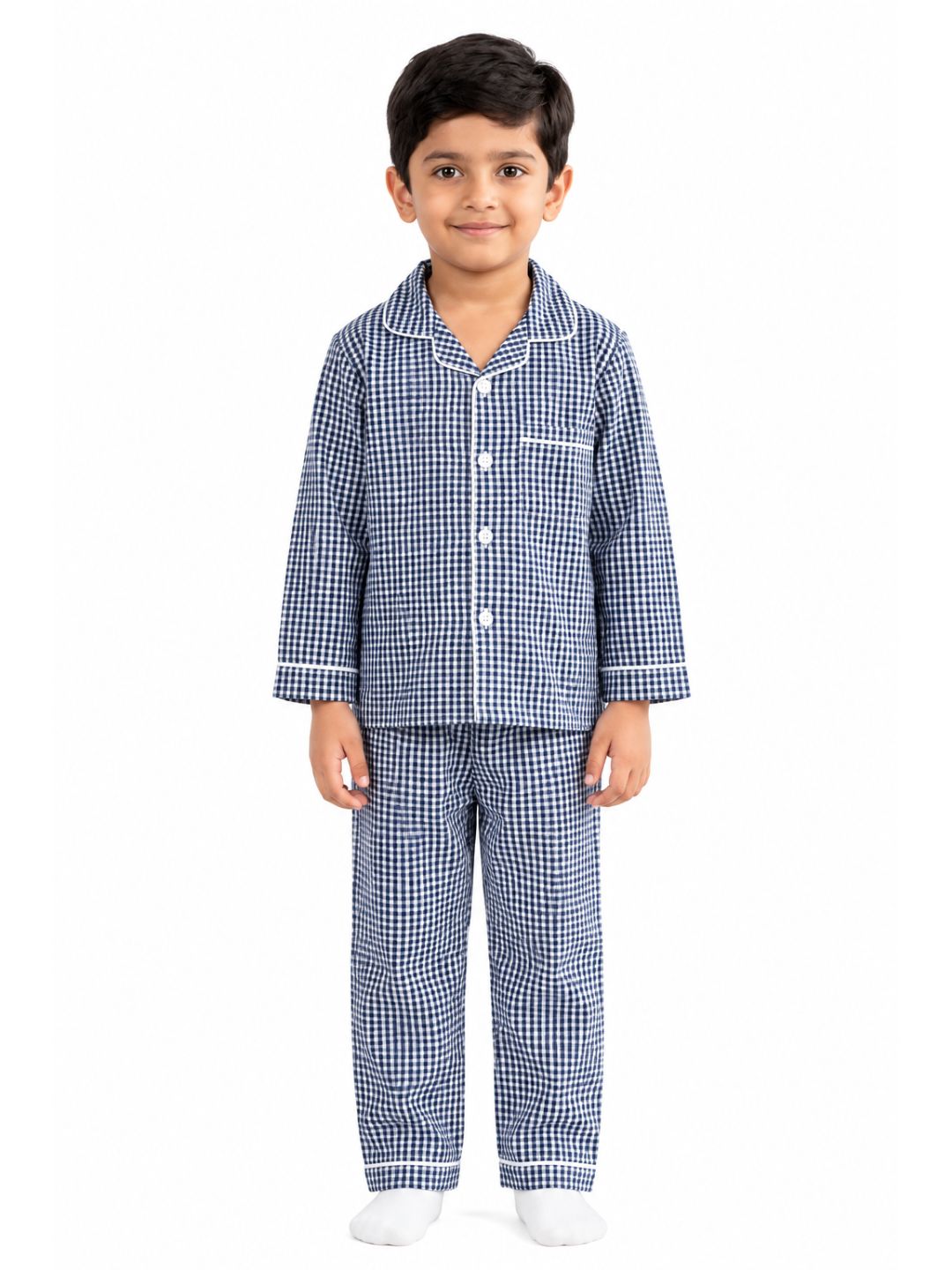 Biglilpeople Kids Unisex Navy Checked Cotton Full Sleeve Shirt & Pajama Nightsuit