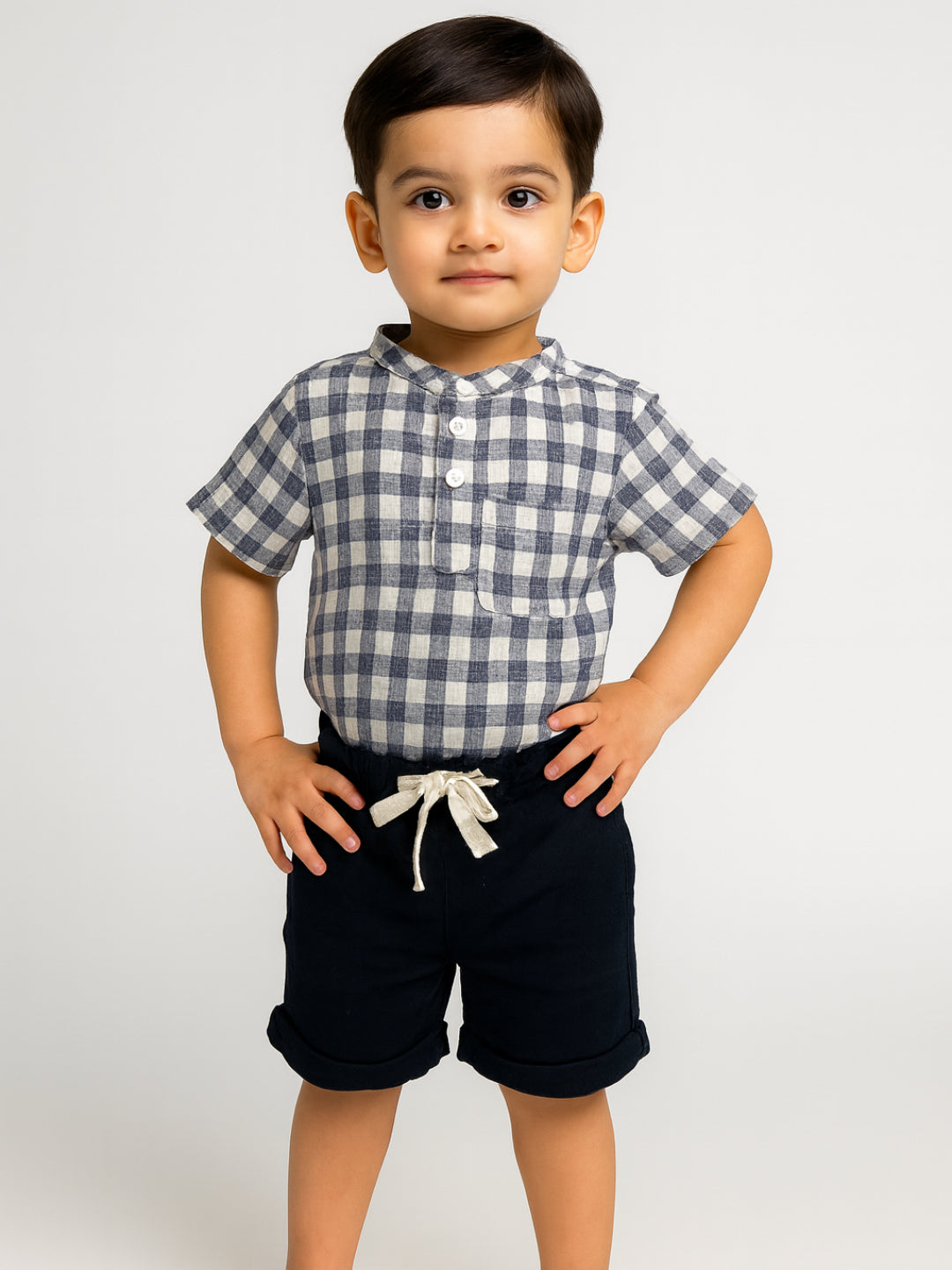 Infants Boys Mandarin Collar Checks Shirts and Shorts