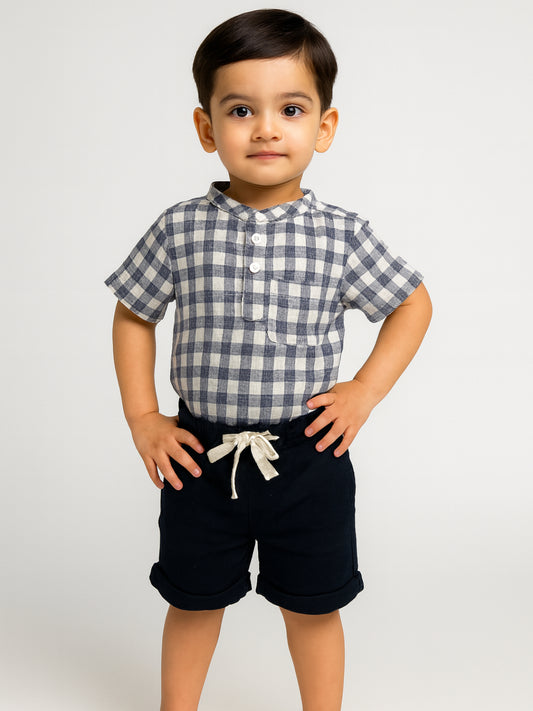 Infants Boys Mandarin Collar Checks Shirts and Shorts
