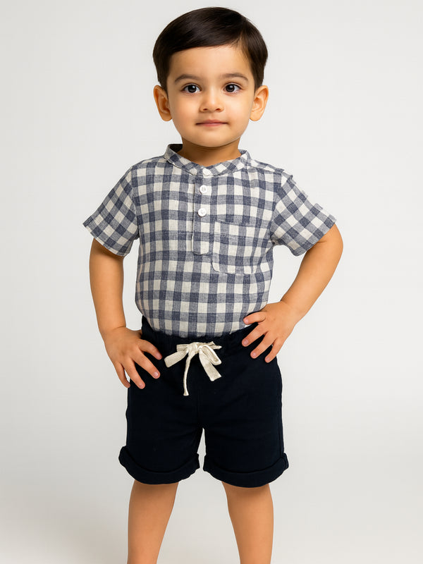 Infants Boys Mandarin Collar Checks Shirts and Shorts