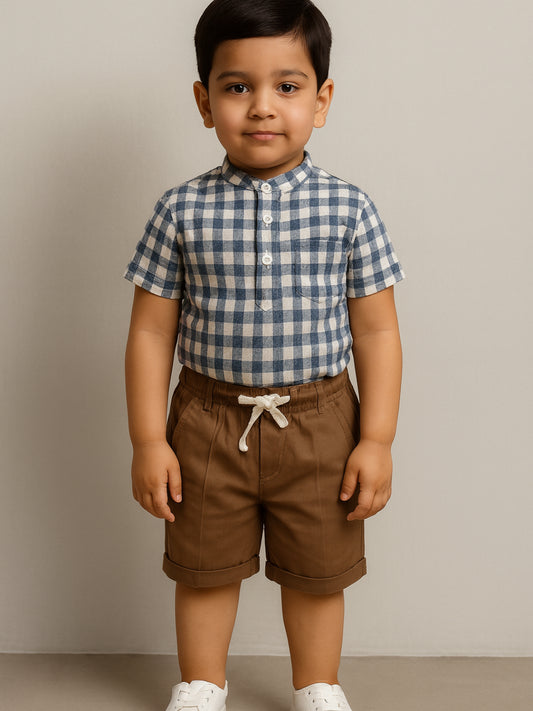 Infants Boys Mandarin Collar Checks Shirts and Shorts