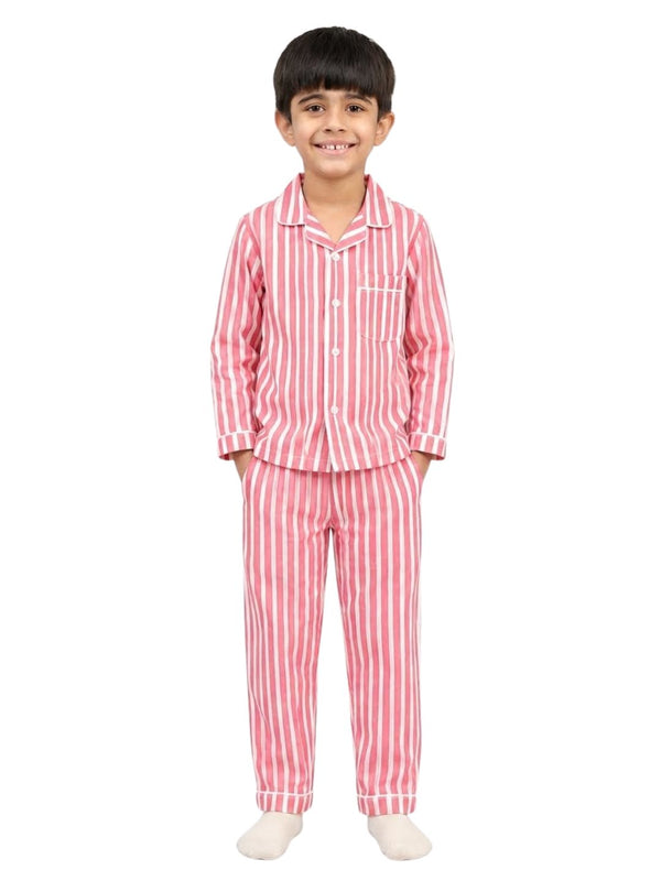 Biglilpeople Kids Red Striped Cotton Full Sleeve Shirt & Pajama Nightsuit