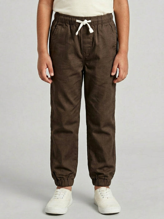 Boys Khaki Color Cotton Woven Joggers