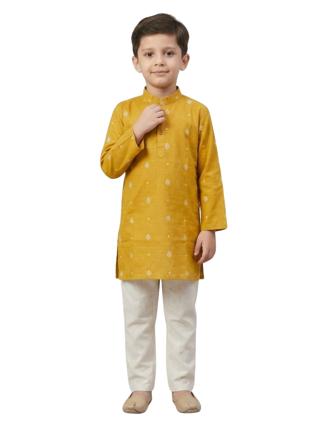 Biglilpeople Boys Mustard Cotton Kurta Set with Buti Print