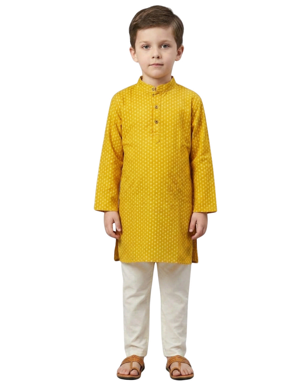Biglilpeople Boys Mustard Yellow Printed Mandarin Collar Cotton Kurta Set