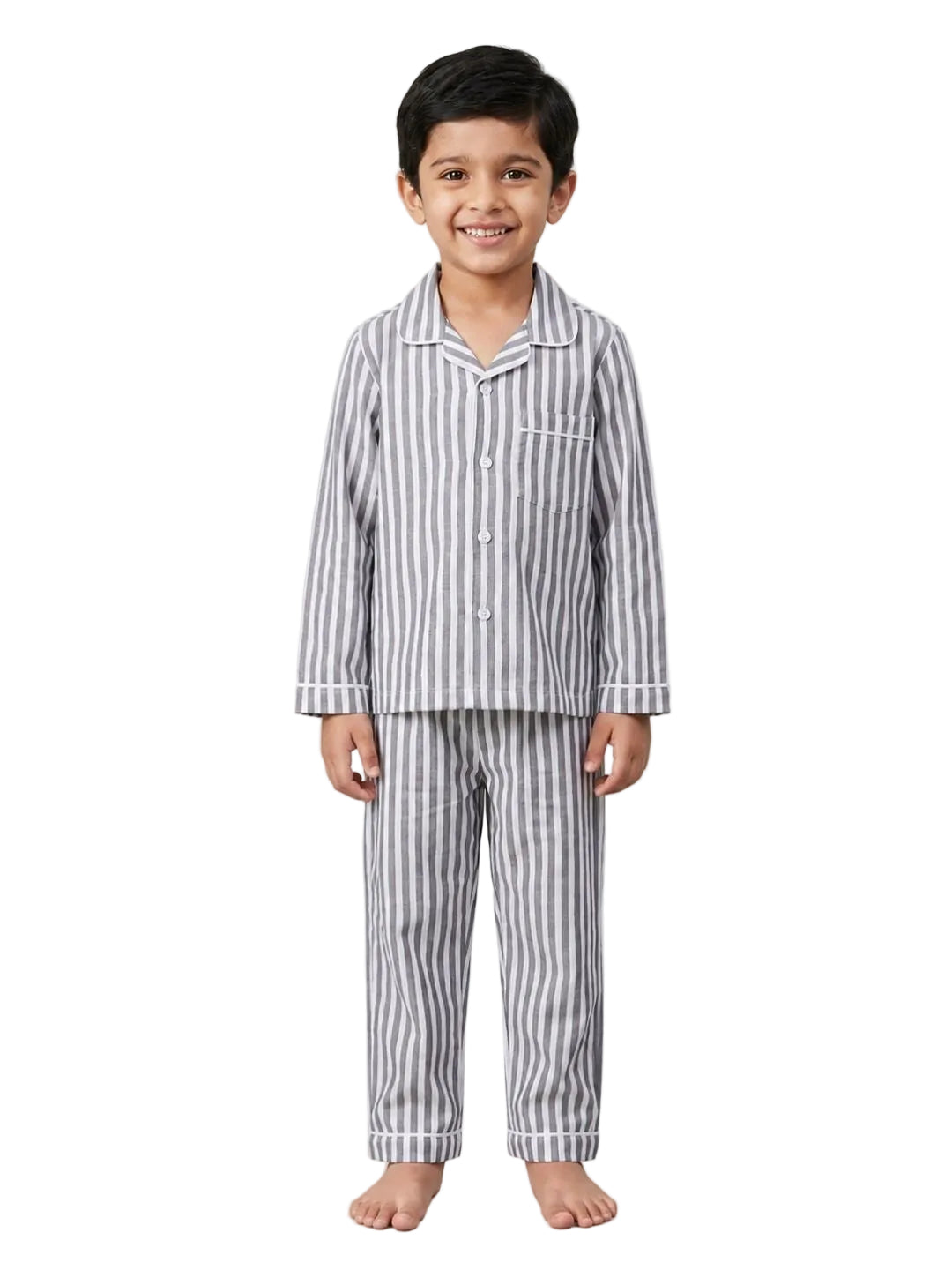 Biglilpeople Kids Unisex Grey Striped Full Short Sleeve Shirt & Pajama Nightsuit