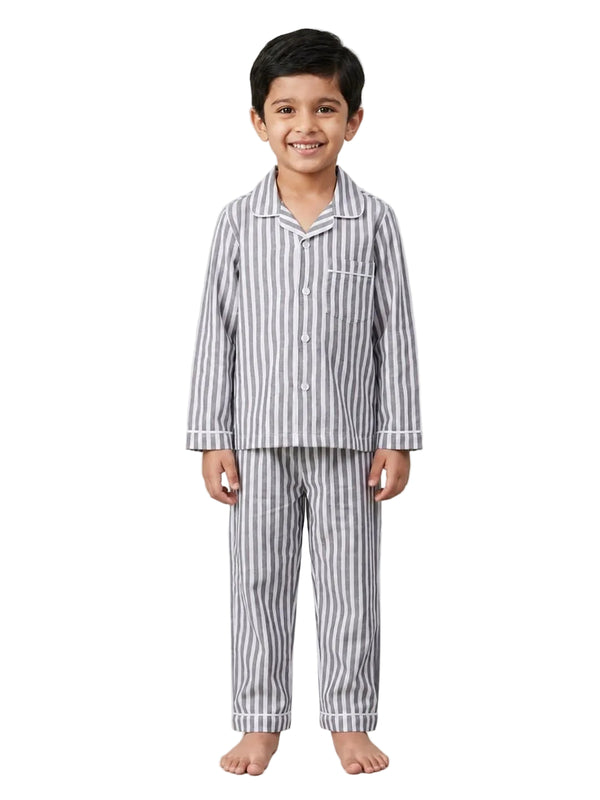 Biglilpeople Kids Grey Striped Cotton Full Sleeve Shirt & Pajama Nightsuit