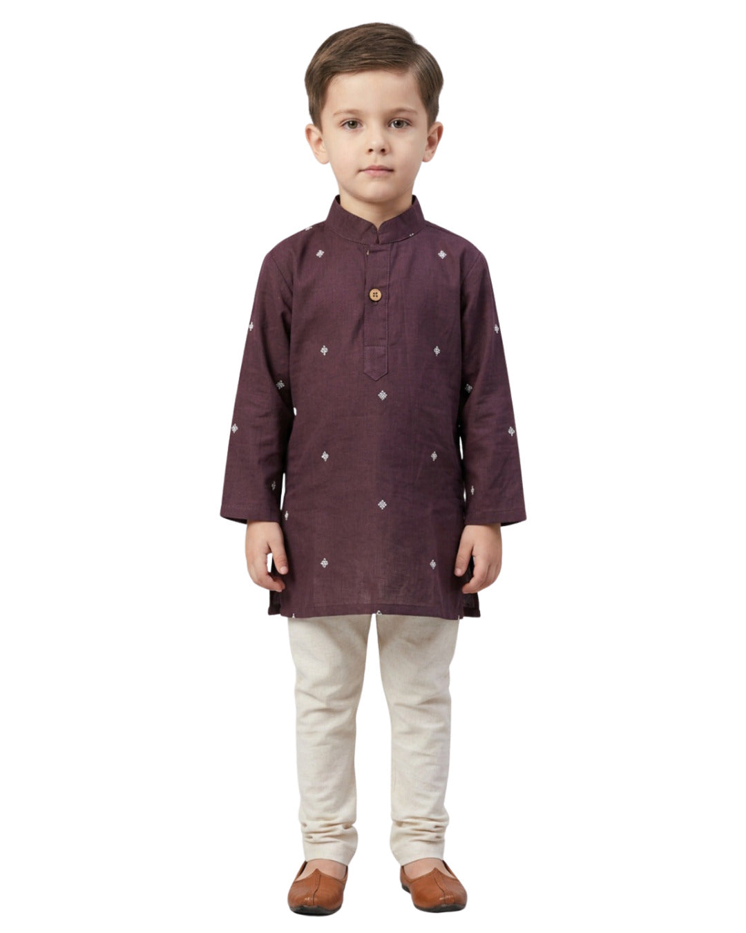 Biglilpeople Boys Maroon Embroidered Mandarin Collar Cotton Kurta Set
