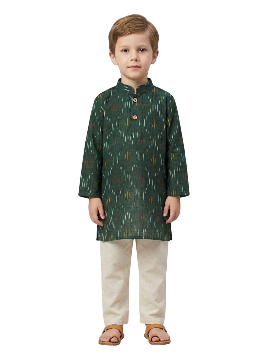 Biglilpeople Boys Dark Green Ikat Printed Mandarin Collar Cotton Kurta Set