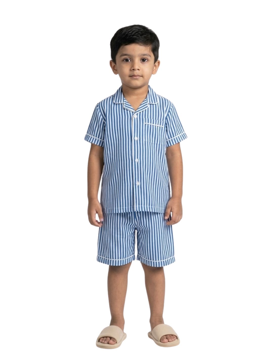 Biglilpeople Kids Unisex Dark Blue Stripe Cotton Short Sleeve Shirt & Shorts Nightsuit