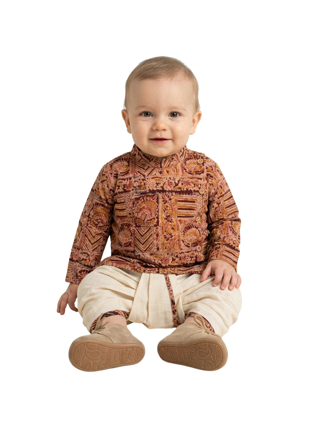 Biglilpeople Boys Rust Brown Ethnic Printed Cotton Angrakha Style Dhoti Set