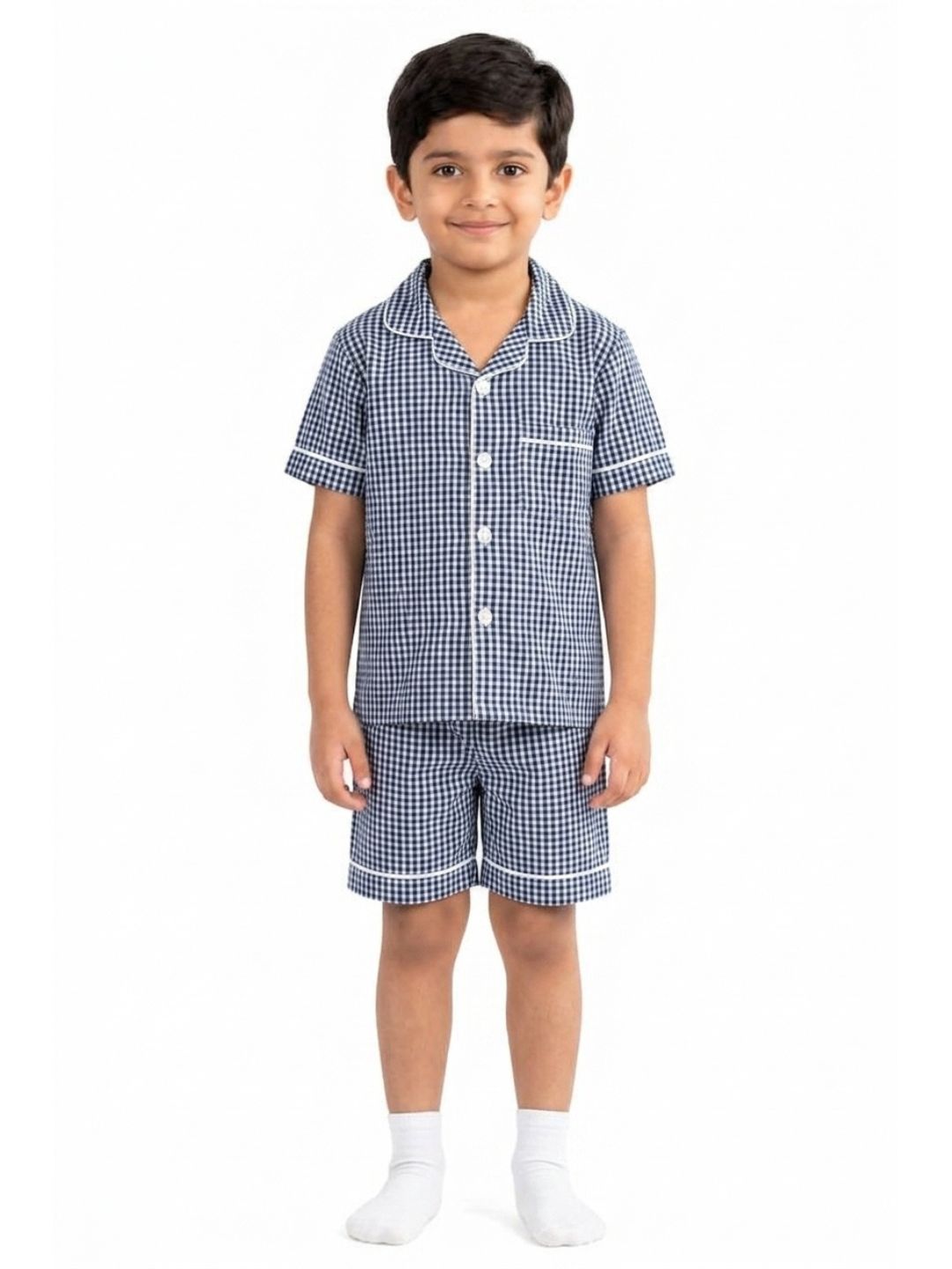 Biglilpeople Kids Unisex Navy Checks Cotton Short Sleeve Shirt & Shorts Nightsuit
