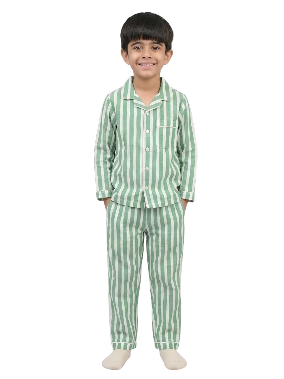 Biglilpeople Kids Unisex Green Striped Cotton Full Sleeve Shirt & Pyjama Nightsuit