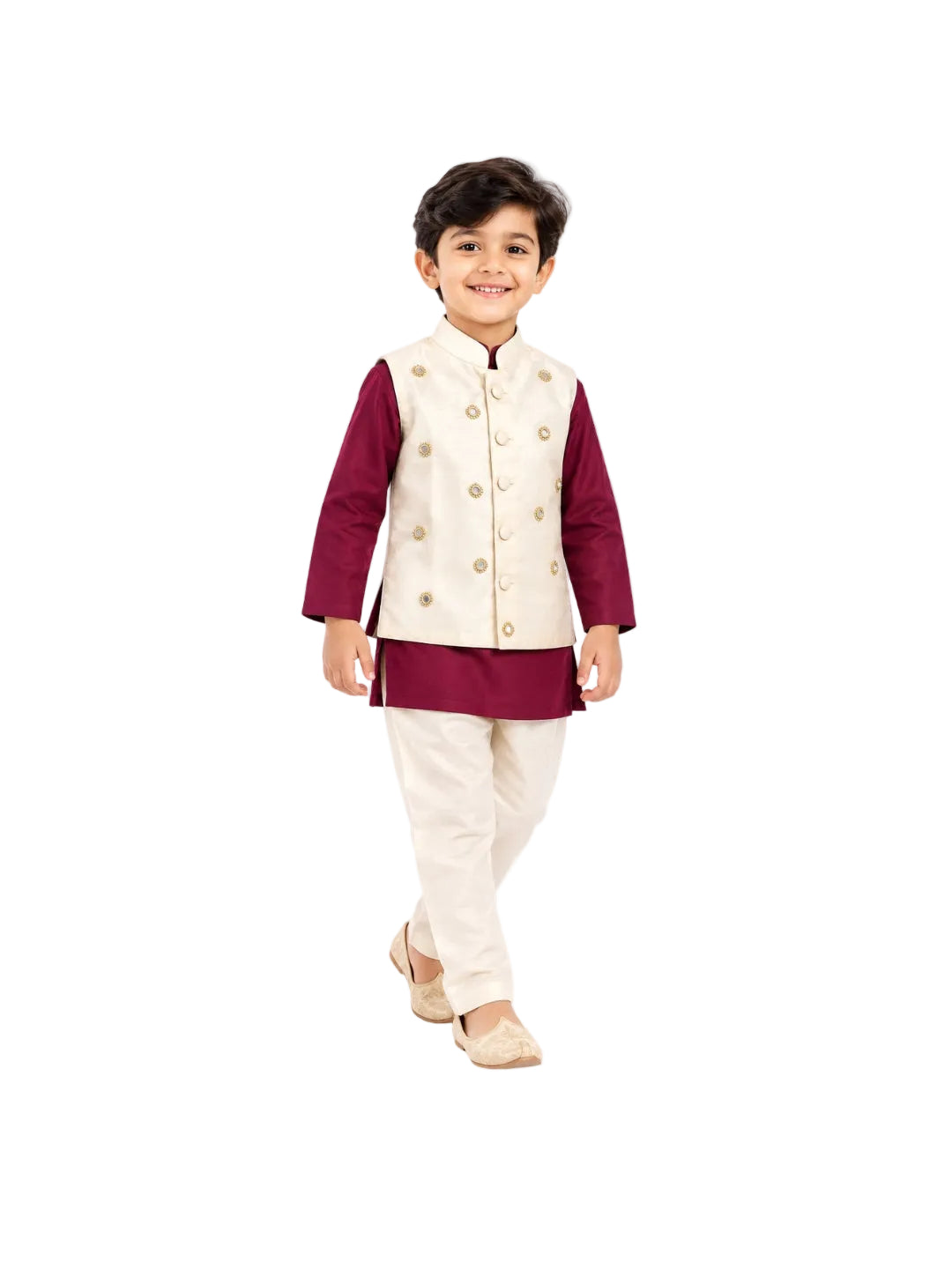Biglilpeople Boys Wine Kurta and Pant Set with Off-White Cotton Silk Nehru Jacket