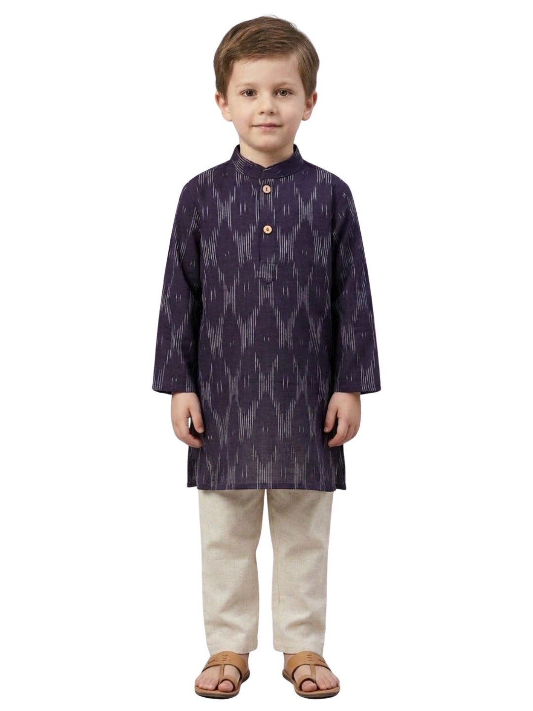 Biglilpeople Boys Navy Blue Printed Mandarin Collar Cotton Kurta Set
