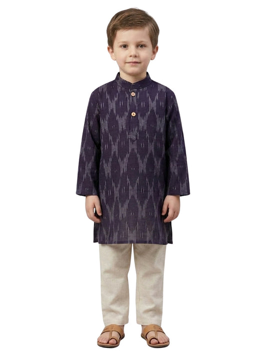 Biglilpeople Boys Navy Blue Printed Mandarin Collar Cotton Kurta Set