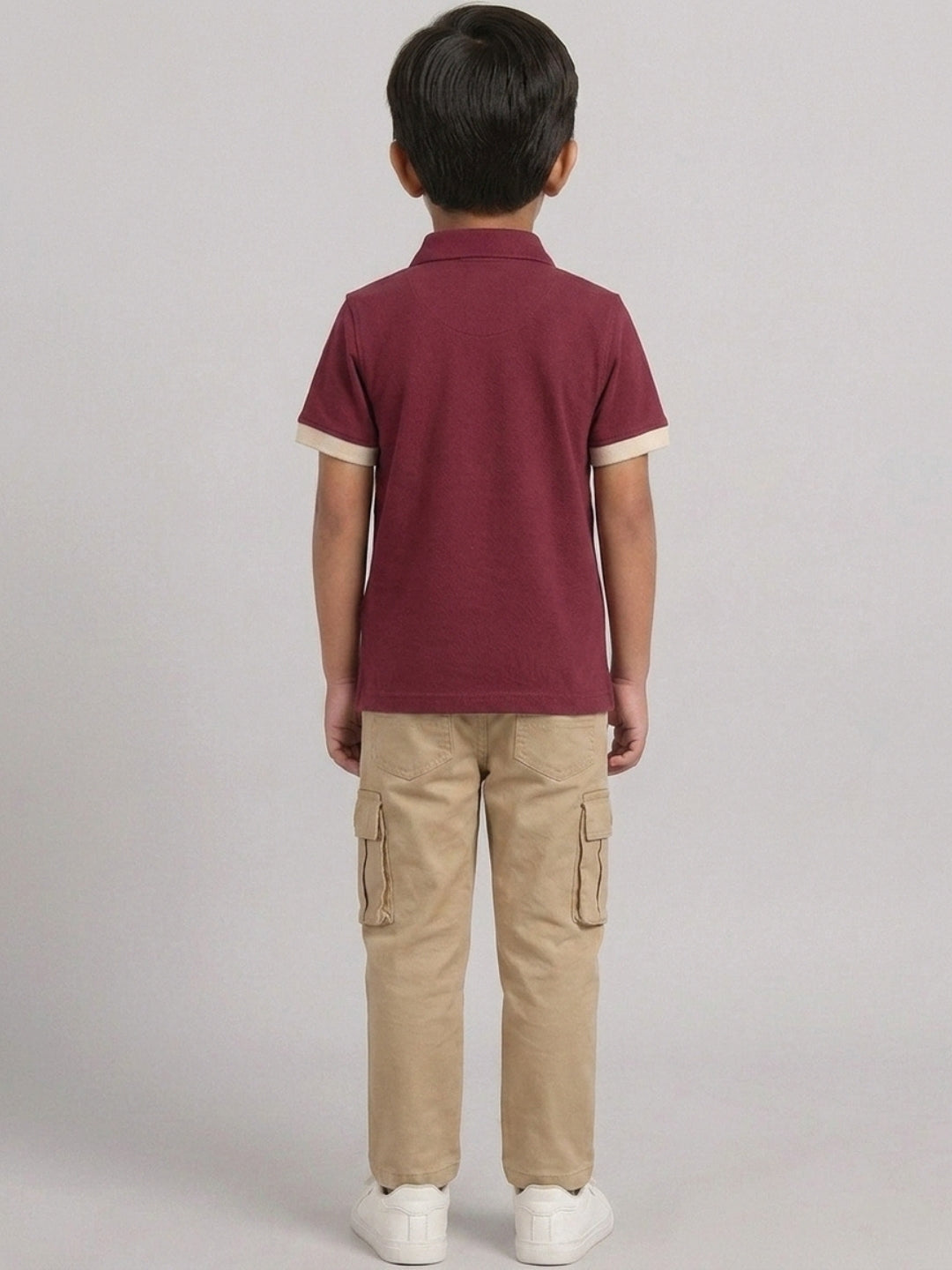Boys Pure Cotton Maroon & Peach Color Pique Polo T Shirt with Good Vibes design Print