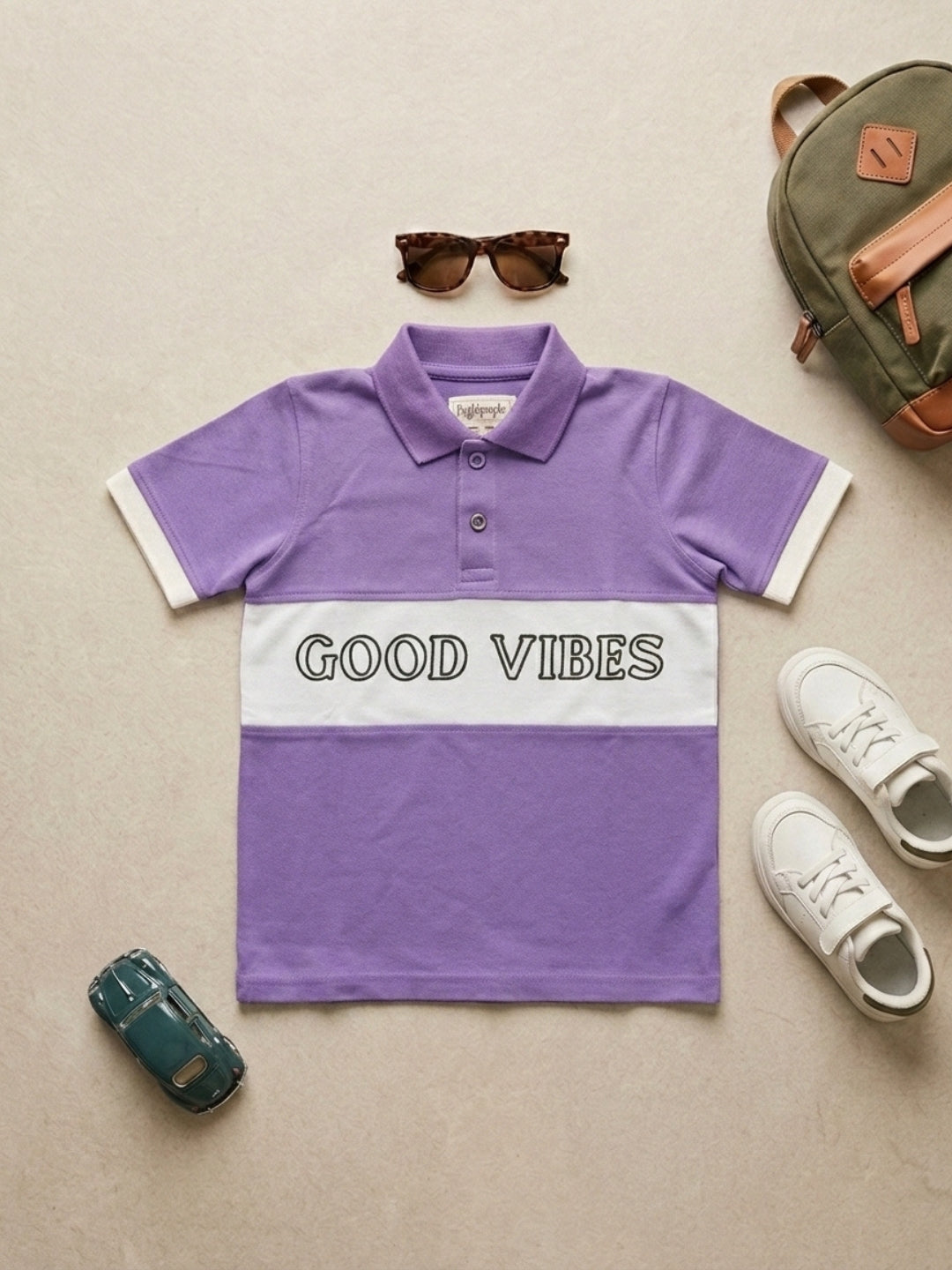 Boys Pure Cotton Lavender & Off White Color Pique Polo T Shirt with Good Vibes design Print