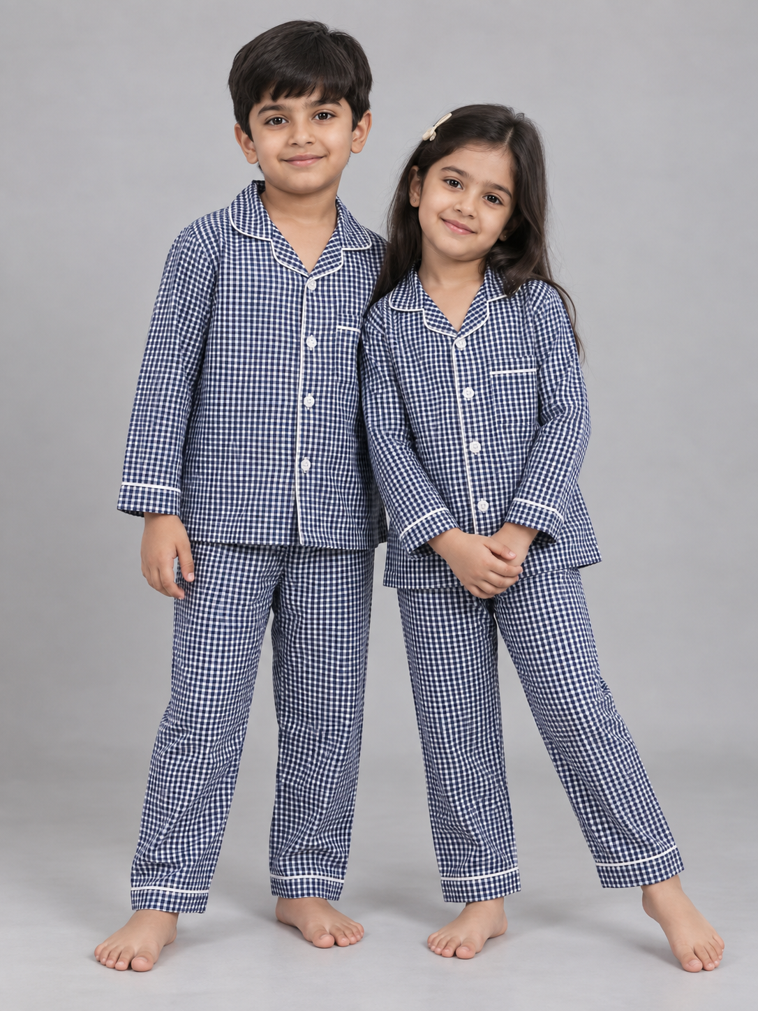 Biglilpeople Kids Navy Checked Cotton Full Sleeve Shirt & Pajama Nightsuit